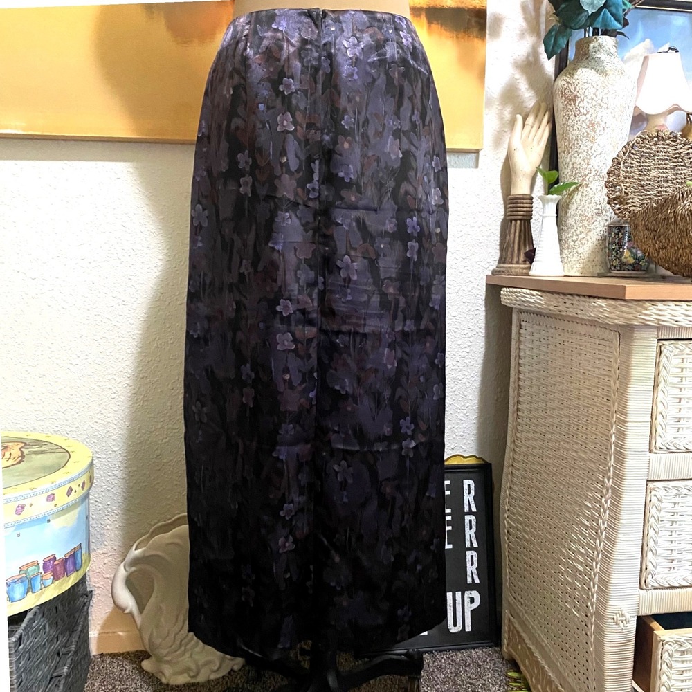 Vintage A. Byer Maxi Skirt Whimsigoth fairy Women Floral Satin Slit 11 Purple
